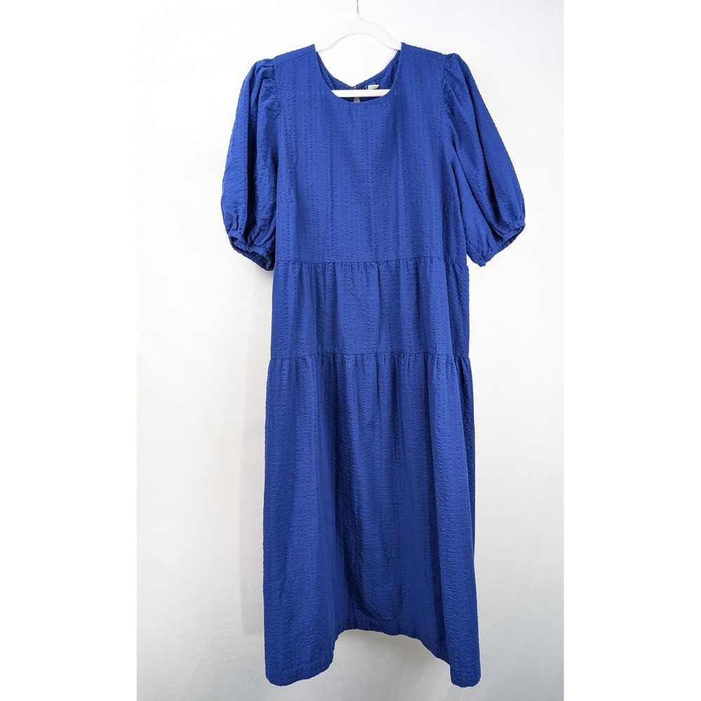 Seersucker Tiered Maxi Peasant Dress SIze XL Royal Blue Regency Muumuu Resort - Picture 2 of 9